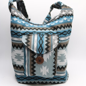Bottle Bag Crossbody Grey Blue Tribal Pattern Boho Handmade Shoulder Yoga