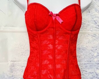 Victoria's Secret Sexy Little Things Red Corset w/ Pink Bow 36C Bustier Lingerie