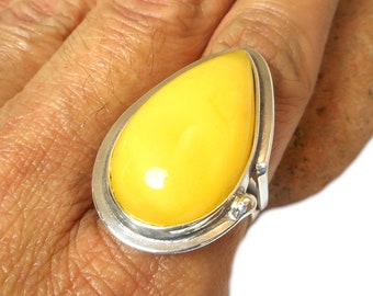 Large Chunky Yellow Butterscotch AMBER Sterling Silver Gemstone 925 Statement Ring