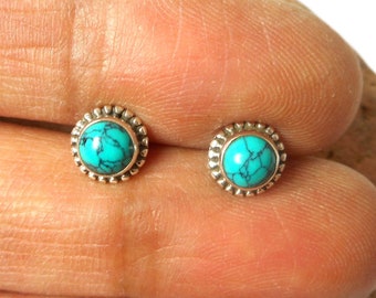 Small Tibetan TURQUOISE Round Shaped Sterling Silver Gemstone Stud Earrings 925 - 5 mm