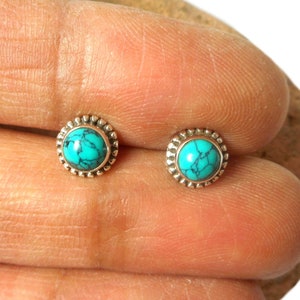 Small Tibetan TURQUOISE Round Shaped Sterling Silver Gemstone Stud Earrings 925 - 5 mm