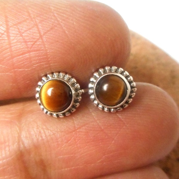 Small Round TIGER'S EYE Sterling Silver 925 Stud Earrings - 5 mm