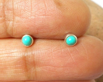 Small Blue TURQUOISE Round Shaped Sterling Silver Gemstone Stud Earrings 925 - 3 mm