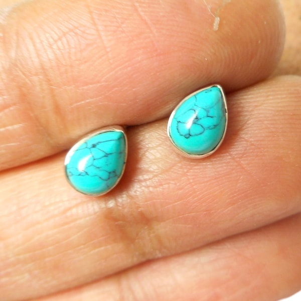 Blue Teardrop TURQUOISE Sterling Silver Gemstone Stud Earrings 925 - 5 x 7 mm