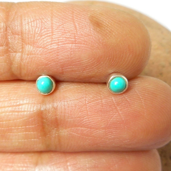 Small Blue TURQUOISE Round Shaped Sterling Silver Gemstone Stud Earrings 925 - 3 mm