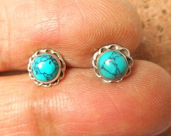 Blue TURQUOISE Round Shaped Sterling Silver Gemstone Stud Earrings 925 - 5 mm
