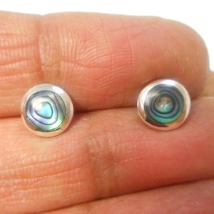 Può includere: Un paio di orecchini a lobo rotondi con montatura in argento. Ogni orecchino presenta un'incastonatura colorata di conchiglia di abalone con sfumature di blu, verde e iridescente. Gli orecchini sono piccoli e delicati.