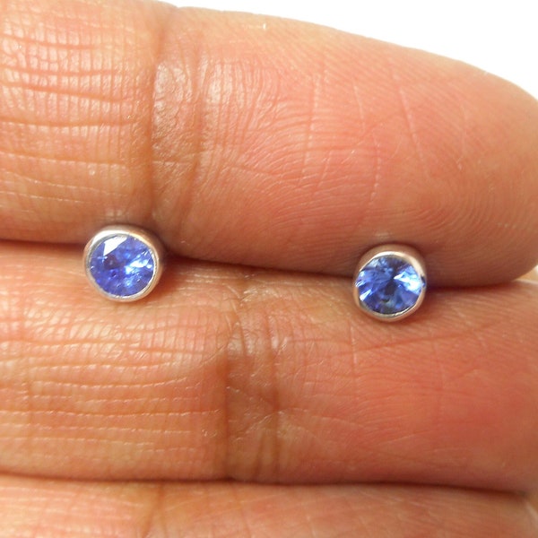 Small Blue Round TANZANITE Sterling Silver 925 Gemstone Stud Earrings - 4 mm