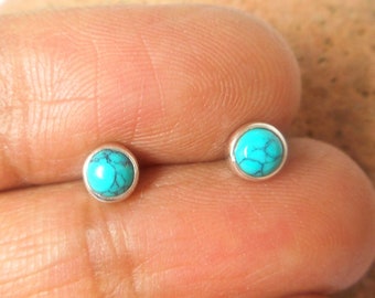 Small Tibetan TURQUOISE Round Shaped Sterling Silver Gemstone Stud Earrings 925 - 4 mm