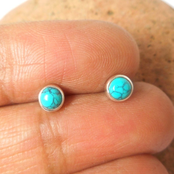 Small Tibetan TURQUOISE Round Shaped Sterling Silver Gemstone Stud Earrings 925 - 4 mm