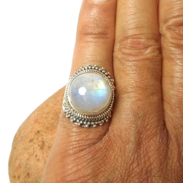 Fiery Round Moonstone Sterling Silver 925 Gemstone Ring - Gift Boxed