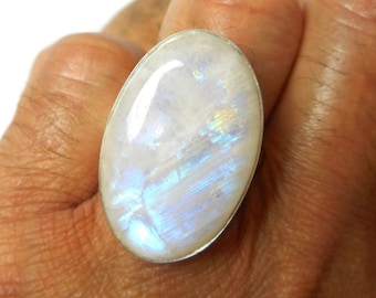 Adjustable Large Fiery Oval Moonstone Sterling Silver 925 Gemstone Ring - Gift Boxed