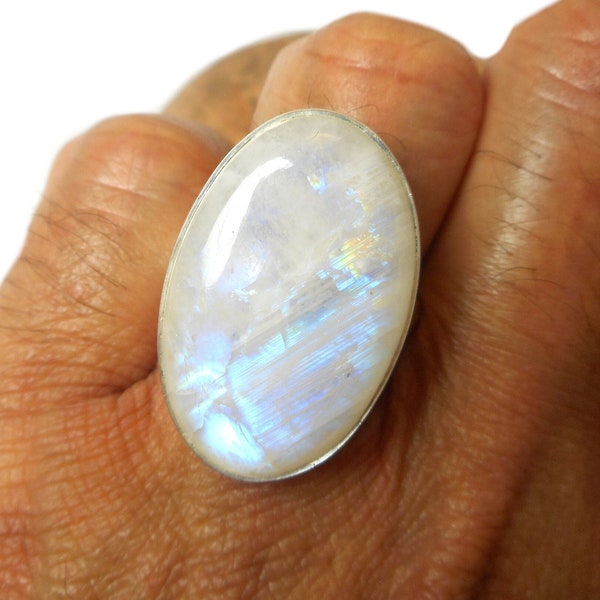 Adjustable Large Fiery Oval Moonstone Sterling Silver 925 Gemstone Ring - Gift Boxed