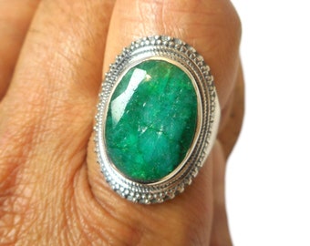 Oval Green Emerald Sterling Silver 925 Gemstone Statement Ring