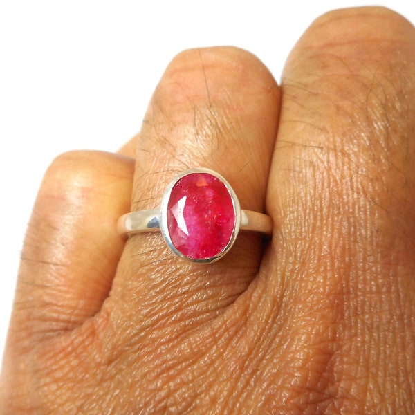 Anillo llamativo de piedras preciosas de plata de ley 925 de RUBÍ rosa ovalado