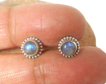 Round Blue Tibetan Turquoise Stud Earrings – 5mm – 925 Sterling Silver Bezel Set