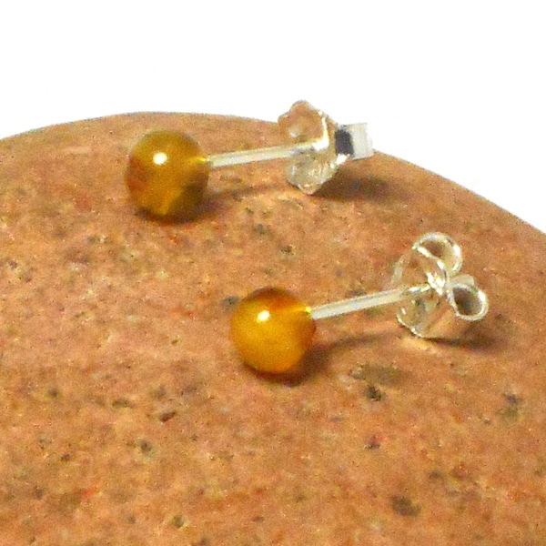 Small Butterscotch AMBER Sterling Silver round Gemstone Yellow Stud Earrings 925 -  5 mm