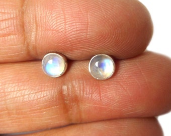 Fiery MOONSTONE Round Sterling Silver Gemstone Stud Earrings 925 - 5 mm