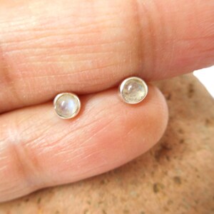 May include: A pair of silver stud earrings with small, round, white moonstone gemstones.