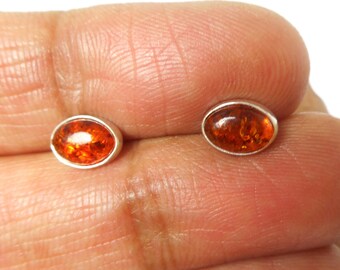 Cognac AMBER Sterling Silver Oval Gemstone Stud Earrings 925 -  6 x 8 mm