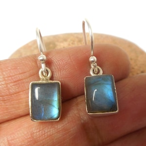Peut inclure: Une paire de boucles d'oreilles rectangulaires en labradorite avec des crochets argentés. Les boucles d'oreilles présentent une irisation bleue et verte chatoyante. Les pierres sont serties dans une lunette argentée.