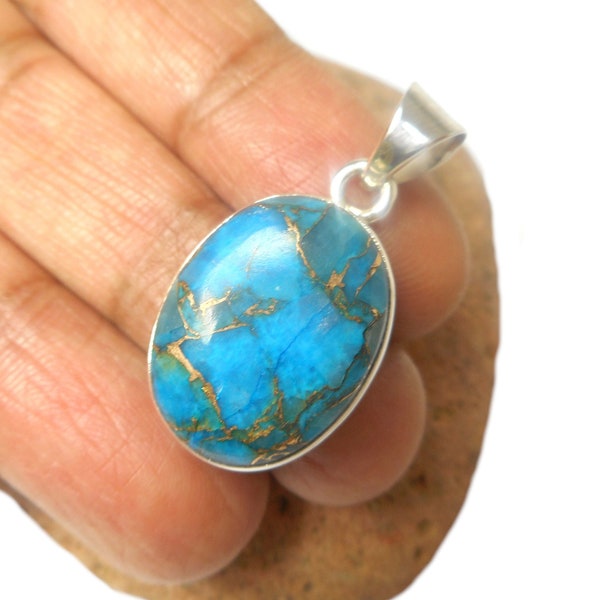 Blue Copper Oval TURQUOISE Sterling Silver 925 Gemstone Pendant