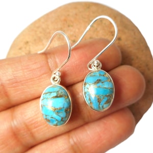 Blue TURQUOISE Oval Shaped Sterling Silver Gemstone Drop Dangle Earrings  925