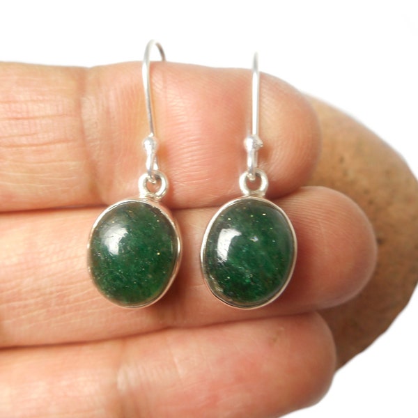 Green Aventurine Oval Shaped Sterling Silver Gemstone Drop Dangle Earrings  925