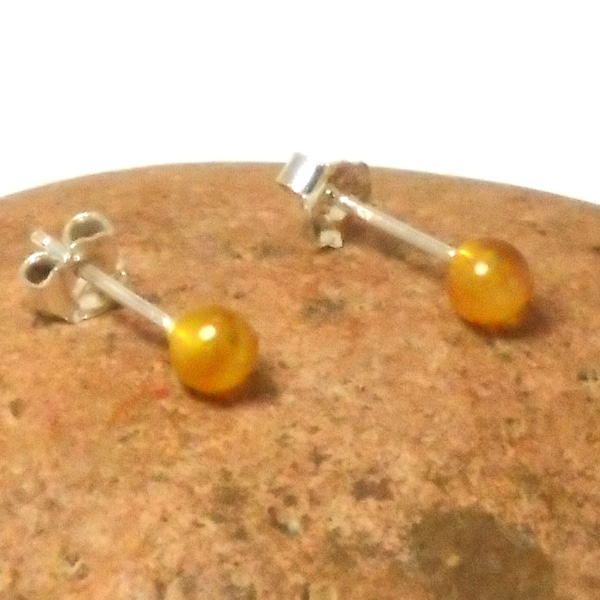 Small Butterscotch AMBER Sterling Silver round Gemstone Yellow Stud Earrings 925 -  5 mm