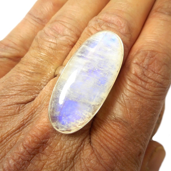 Adjustable Large Oval Moonstone Sterling Silver 925 Gemstone Ring - Gift Boxed