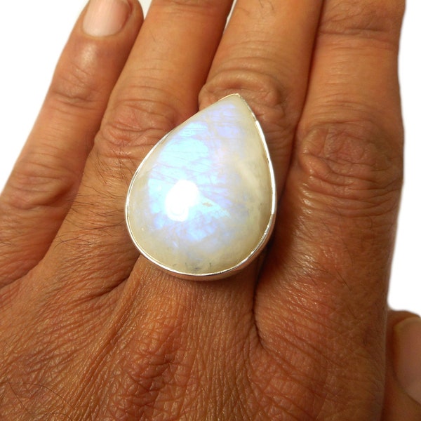 Adjustable Large Teardrop Moonstone Sterling Silver 925 Gemstone Ring - Gift Boxed