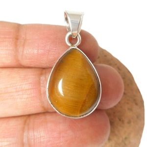 Teardrop shaped TIGERS EYE Sterling Silver 925 Gemstone Pendant