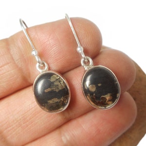 May include: A pair of silver earrings with oval-shaped pyrite stones. The stones are black with gold flecks.