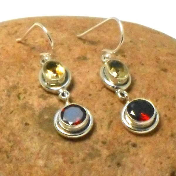 Red Garnet Citrine Sterling Silver 925 Gemstone Drop Dangle Earrings