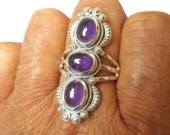 Large Purple Amethyst Gemstone Sterling Silver 925 Statement Chunky Ring