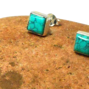Blue Tibetan TURQUOISE Square Sterling Silver Gemstone Stud Earrings 925 - 6 mm