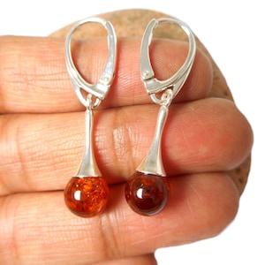 Cognac AMBER Sterling Silver Gemstone Drop Earrings 925