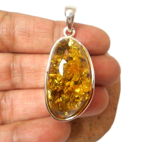 Large Chunky Teardrop AMBER Sterling Silver Gemstone 925  Pendant