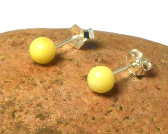 Butterscotch AMBER Sterling Silver round Gemstone Yellow Stud Earrings 925 -  6 mm