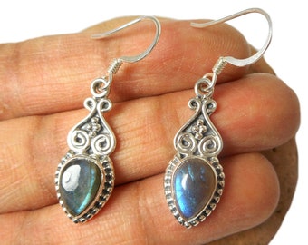 Teardrop shaped fiery LABRADORITE Sterling Silver Drop Dangle Gemstone Earrings