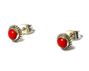 Red CORAL Sterling Silver Round Shaped Stud Earrings 925