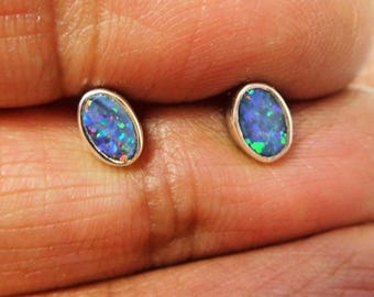 Small Fiery Australian Opal Sterling Silver Stud Earrings (3x5 mm)