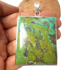 Großer klobiger grün-blauer rechteckiger tibetischer TÜRKIS-Sterlingsilber-925-Edelstein-Statement-Anhänger