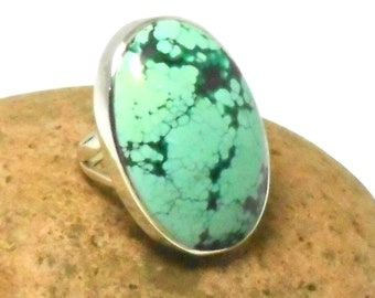 Tibetan TURQUOISE Oval Sterling Silver Gemstone Ring 925  -  Size: N  -  Hallmarked, UK