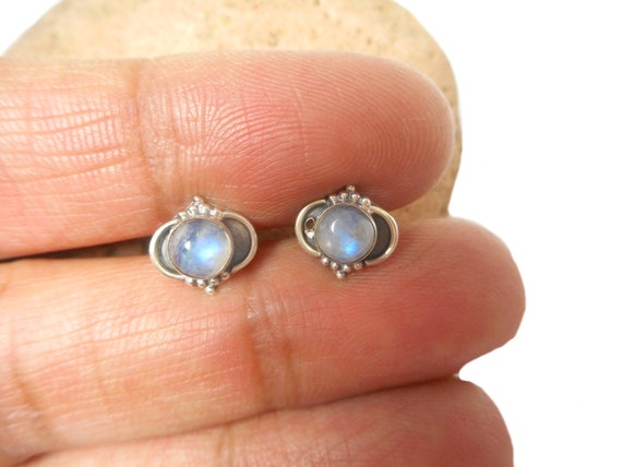 moonstone stud earrings 4 mm round cab Gemstone 925 Sterling Silver jewelry