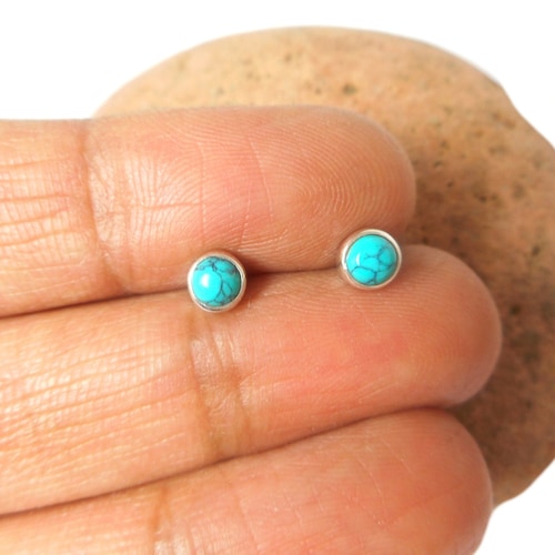 Small Tibetan TURQUOISE Round Shaped Sterling Silver Gemstone Stud Earrings 925 - 4 mm