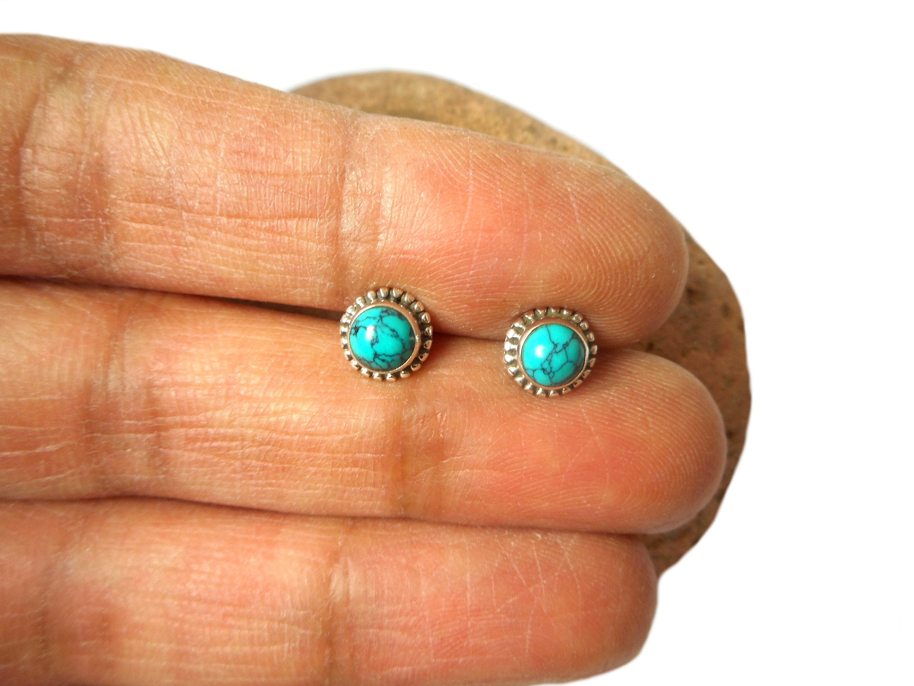 Small Tibetan TURQUOISE Round Shaped Sterling Silver Gemstone Stud Earrings 925 - 5 mm