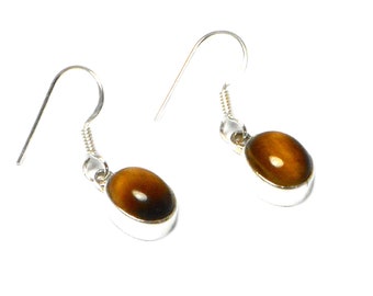 Oval TIGERS EYE Sterling Silver Gemstone 925 Drop Dangle Earrings