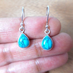 Blue TURQUOISE Teardrop Shaped Sterling Silver Gemstone Drop Dangle Earrings  925