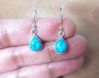 Blauwe TURQUOISE druppelvormige sterling zilveren edelsteen drop bungelende oorbellen 925